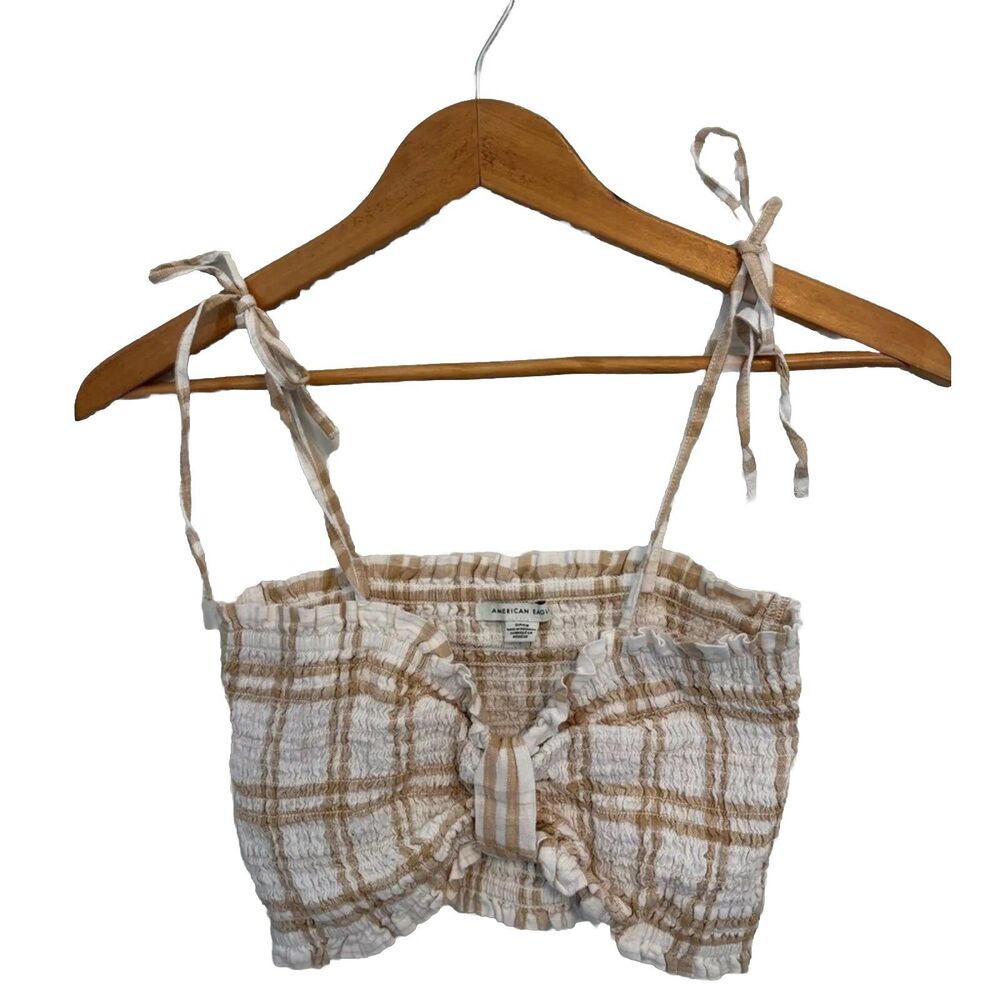 American Eagle Women's Smocked Festival Crop Top with Shoulder Ties Small